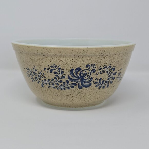 Pyrex 402 Homestead 1.5 Qt Speckled Mixing Bowl Beige with Blue Floral - Picture 2 of 13